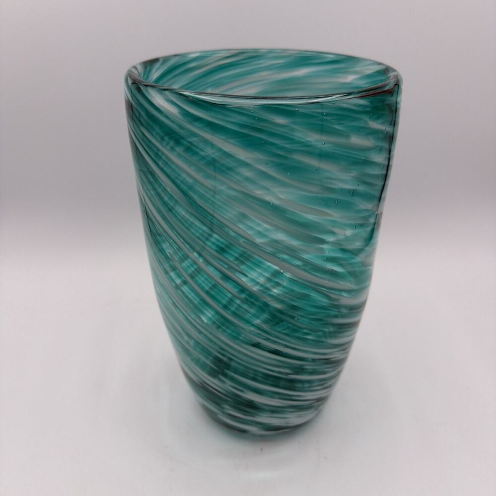 Large Handblown Glass Vase, Blue Green Turquoise Blue Costal Italian Swirl